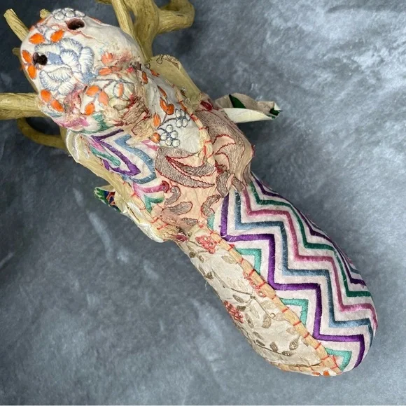 Faux Kantha Patchwork Fabric Covered Deer Stag Head Decor with Antlers